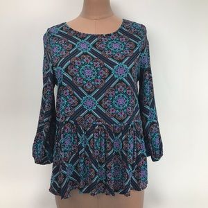 Alya Blue Green Print Peplum 3/4 Sleeve Top Sz s